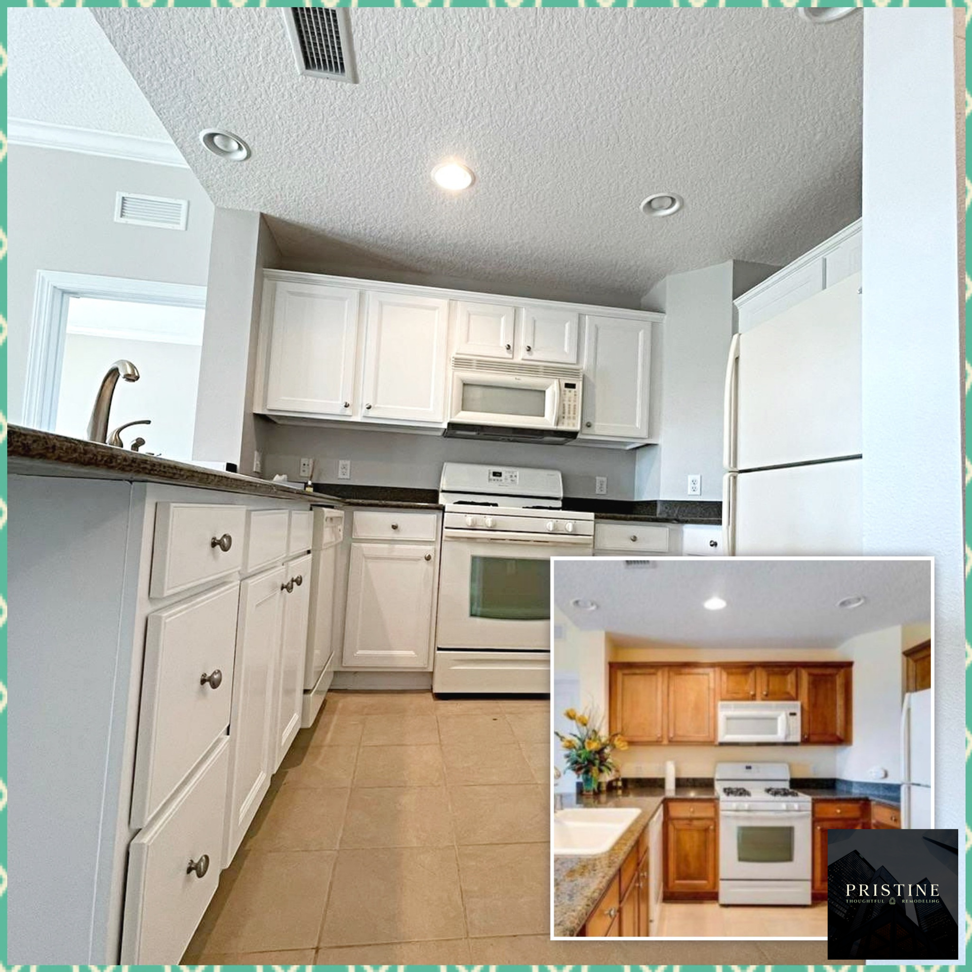 Bright white kitchen with tile floor, white cabinets, stove; small inset shows warm wood kitchen before update
