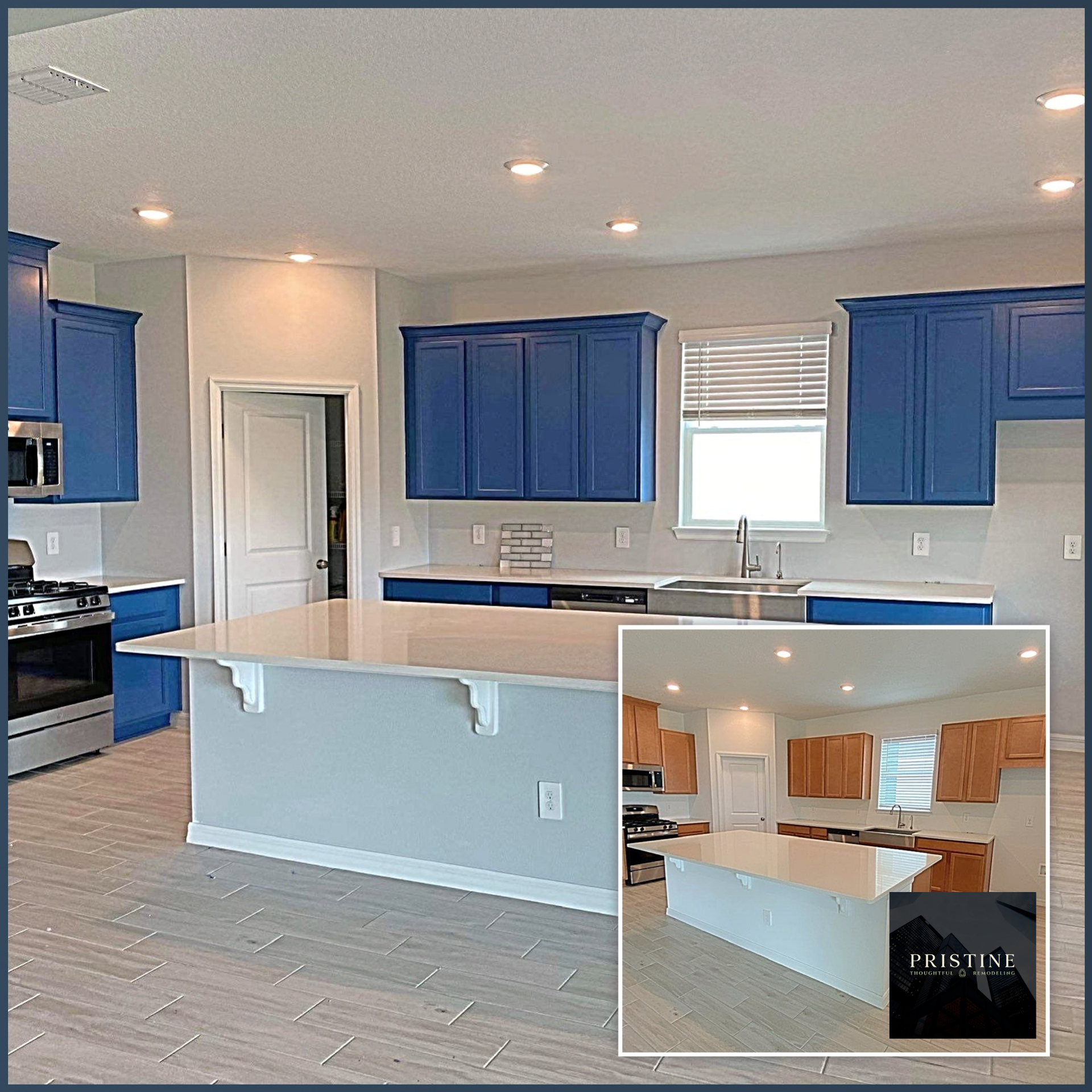 Bright kitchen with blue cabinets, white island, and inset before-and-after remodel photo