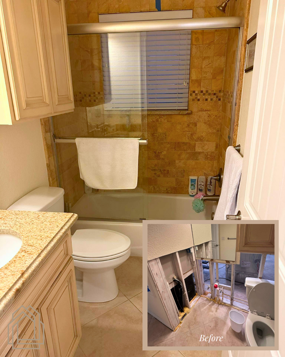 Small tan bathroom with toilet, shower-tub, sink, and inset inset photo of the room under renovation.