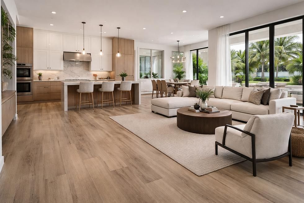 Open-concept kitchen, dining, and living areas connected by continuous light oak-look flooring for a cohesive interior design.