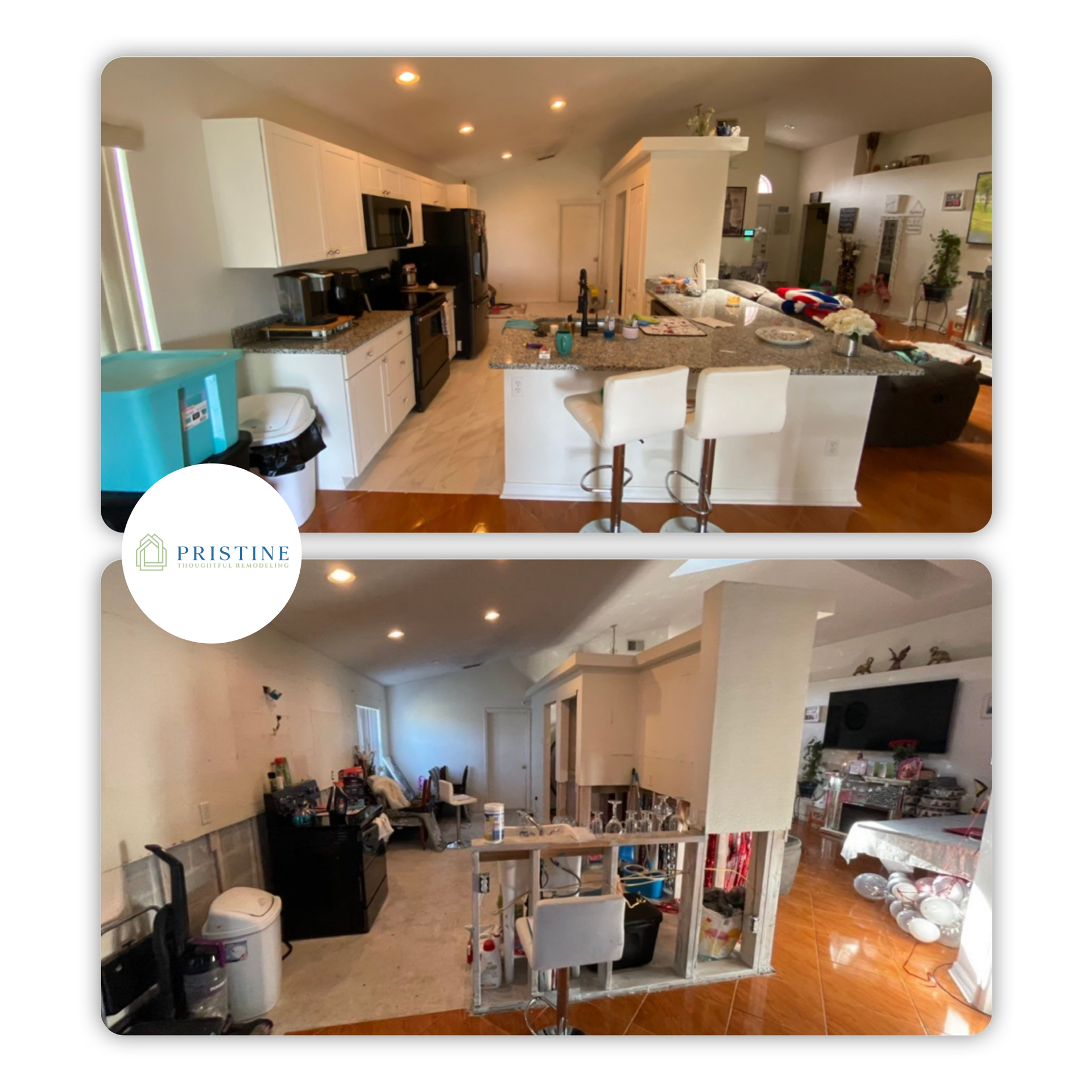 Two views of a bright kitchen and dining area with white cabinets, island seating, and cluttered countertops