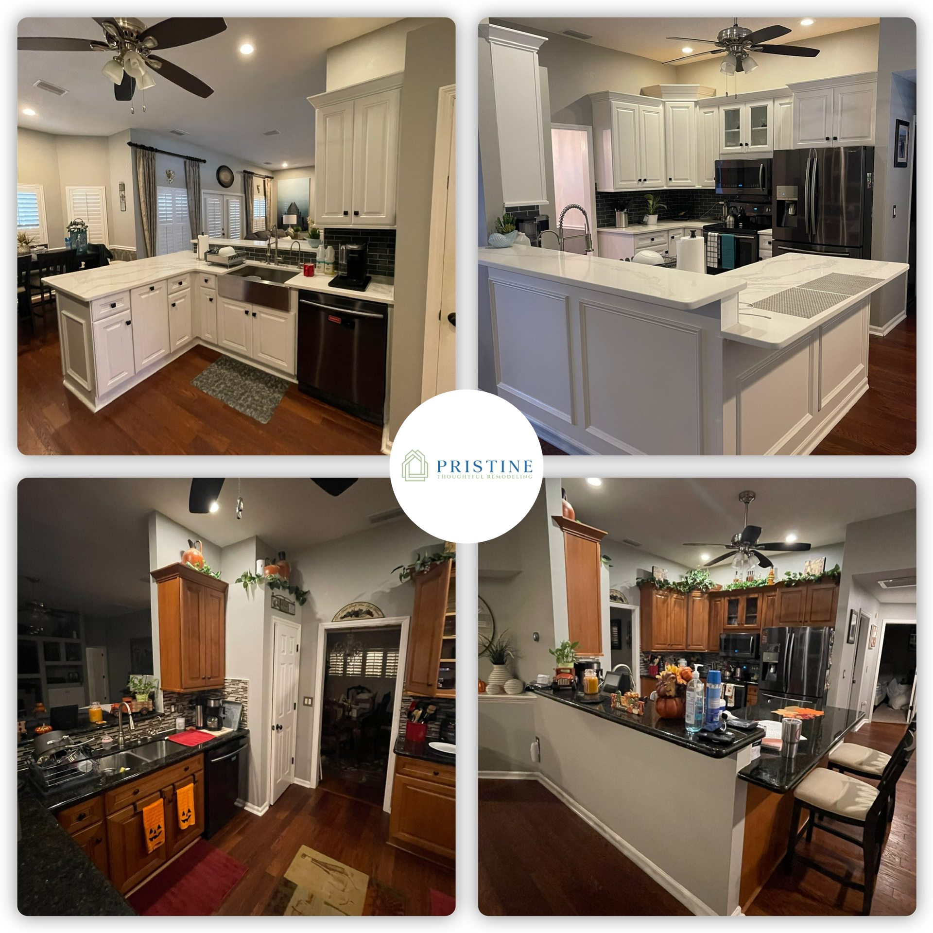 Collage of four kitchen views showing white and dark wood cabinets, black counters, and ceiling fans