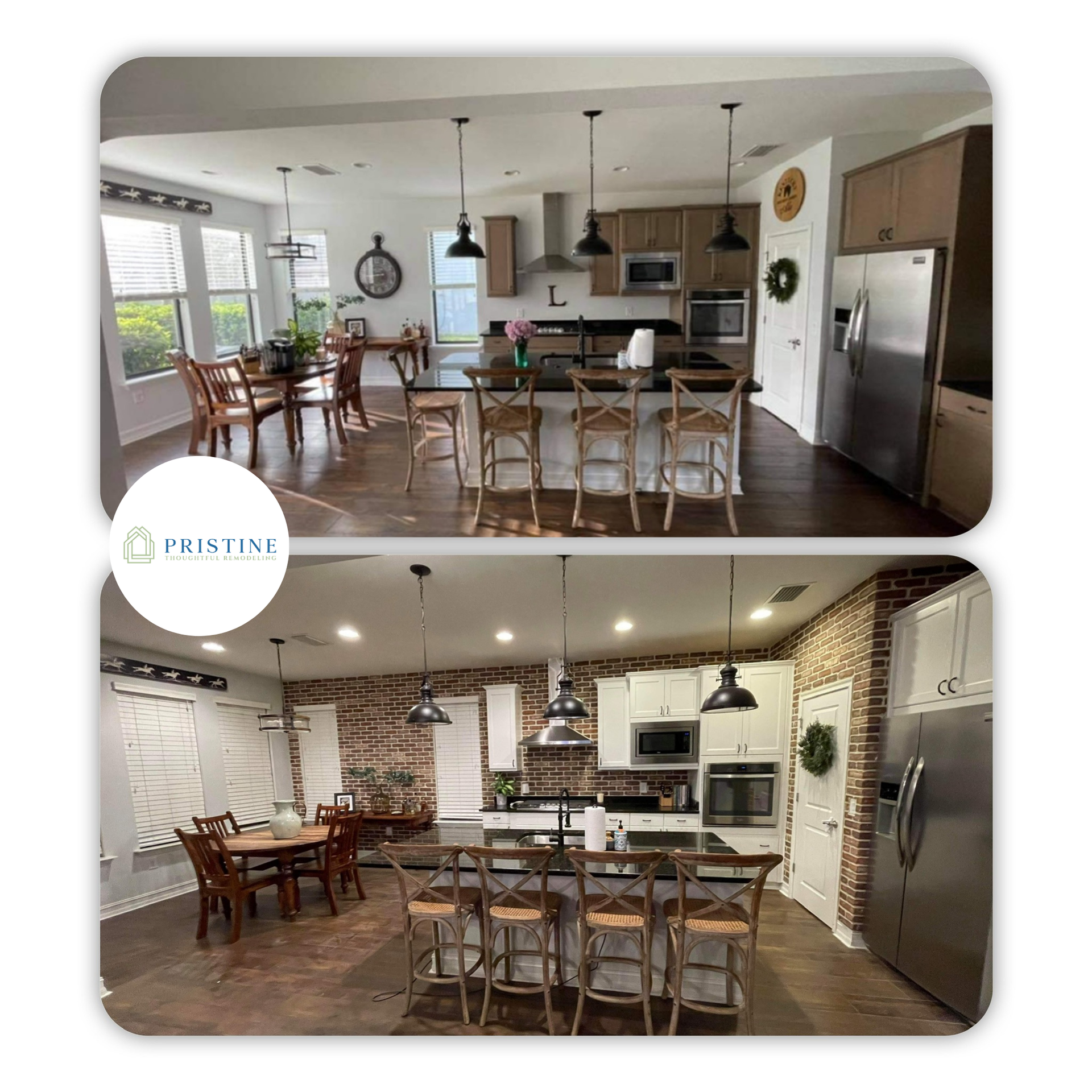 Two views of a modern kitchen with island, bar stools, pendant lights, and stainless steel fridge