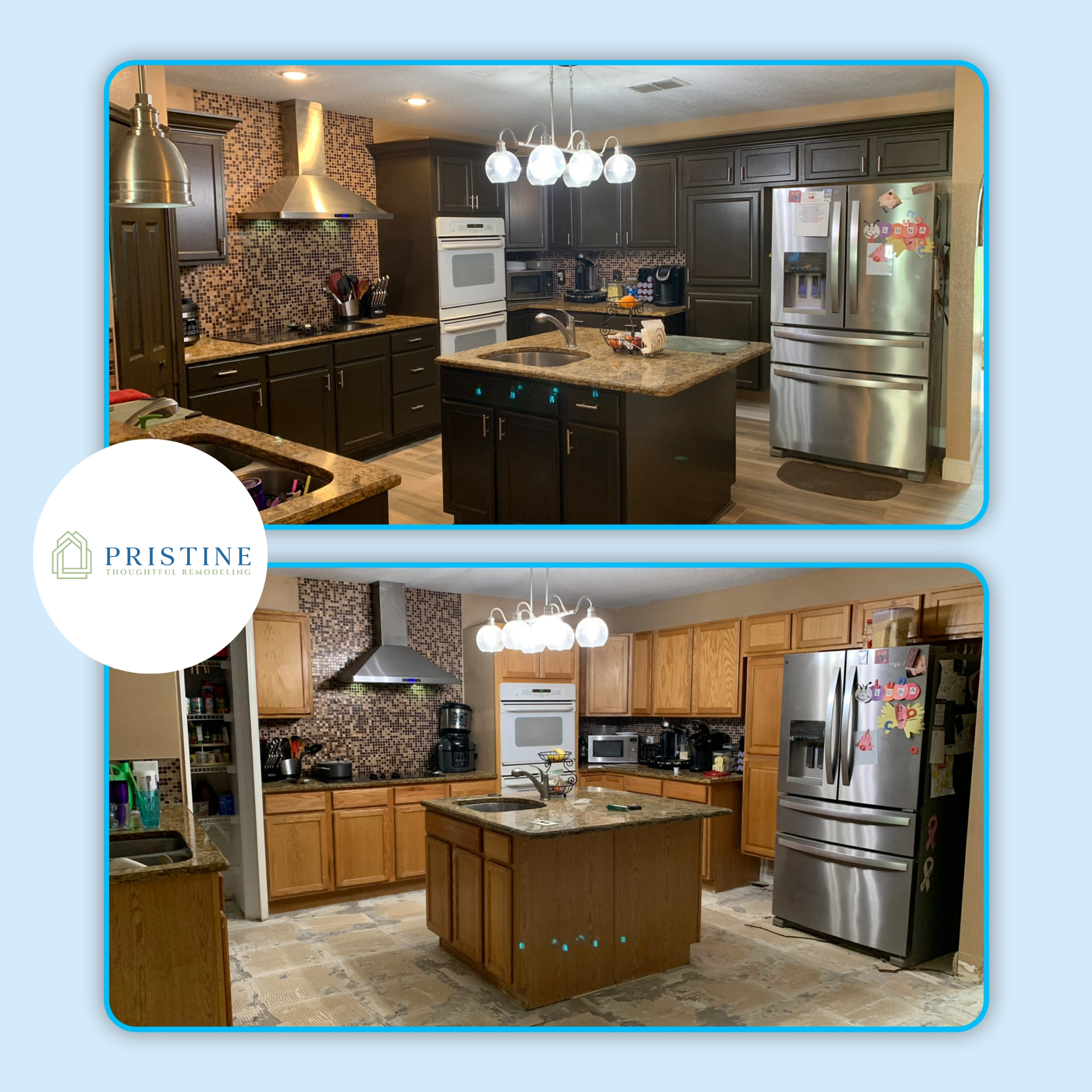 Before-and-after kitchen renovation with dark cabinets replaced by light wood cabinets and stainless steel appliances.