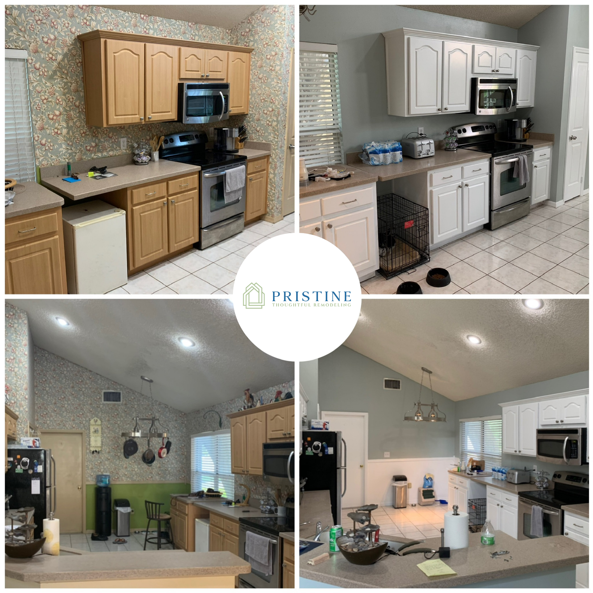 Before-and-after kitchen remodel collage with oak cabinets transformed to white cabinets and modern finishes