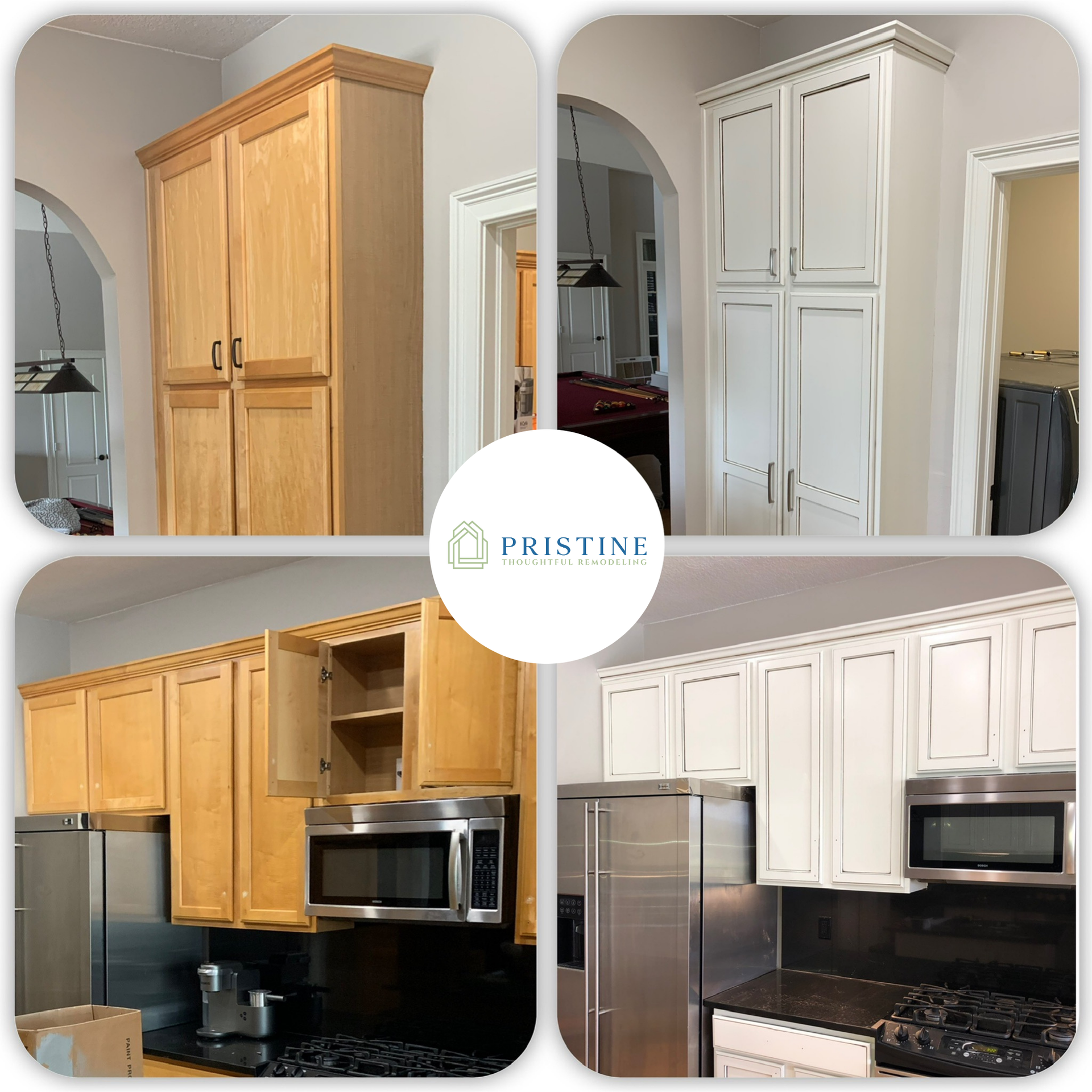 Kitchen cabinet makeover collage showing wood cabinets transformed to white cabinets, with before-and-after views.