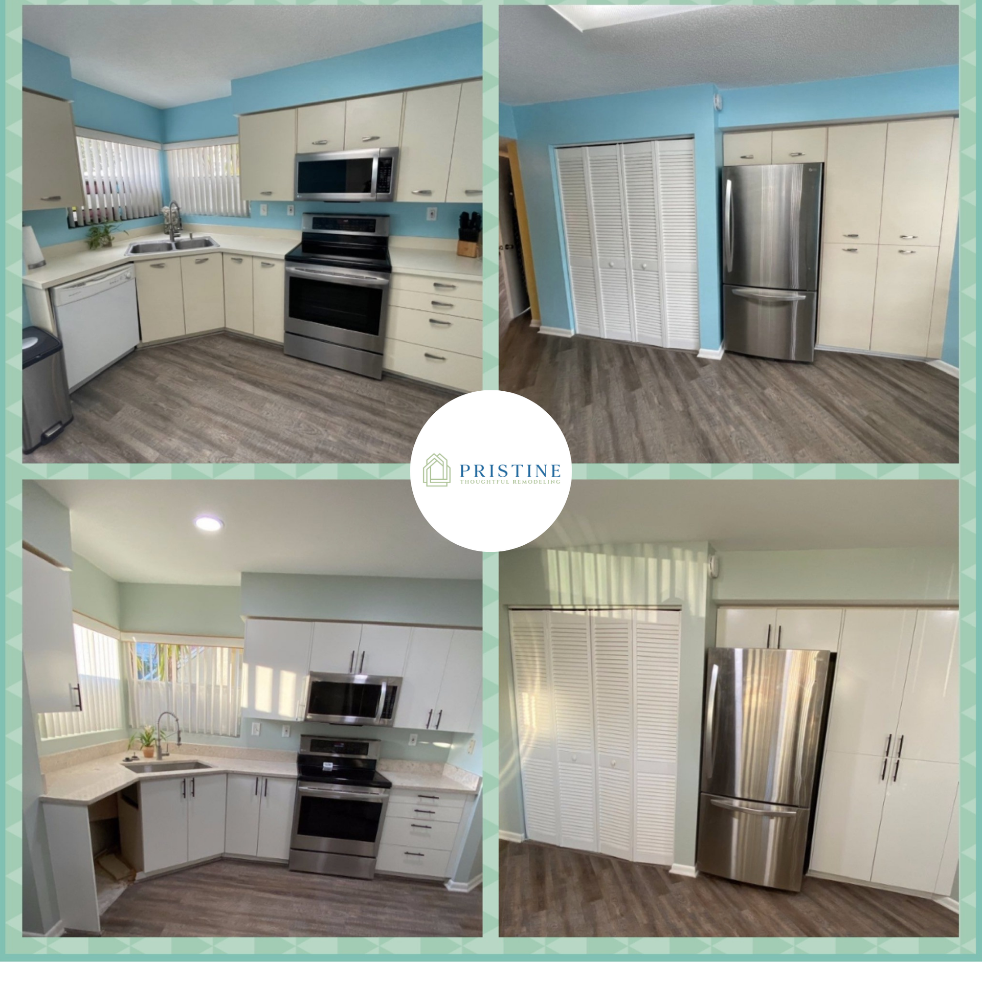 Before-and-after collage of a remodeled kitchen with white cabinets, stainless steel appliances, and light blue walls.