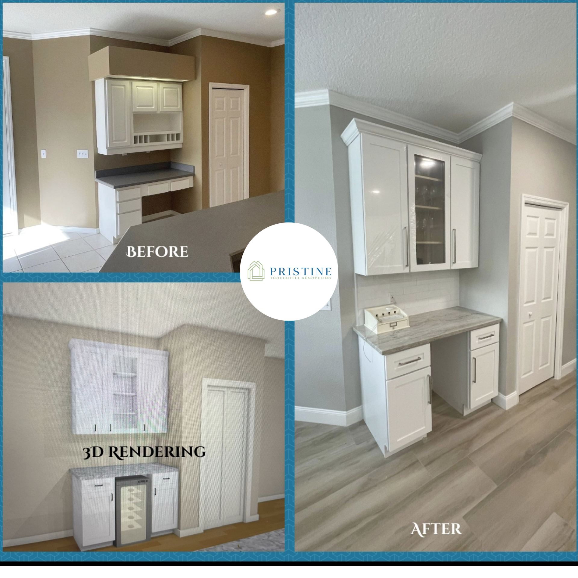 Before-and-after bathroom vanity remodel: dark wood to white vanity with mirror and light gray walls.