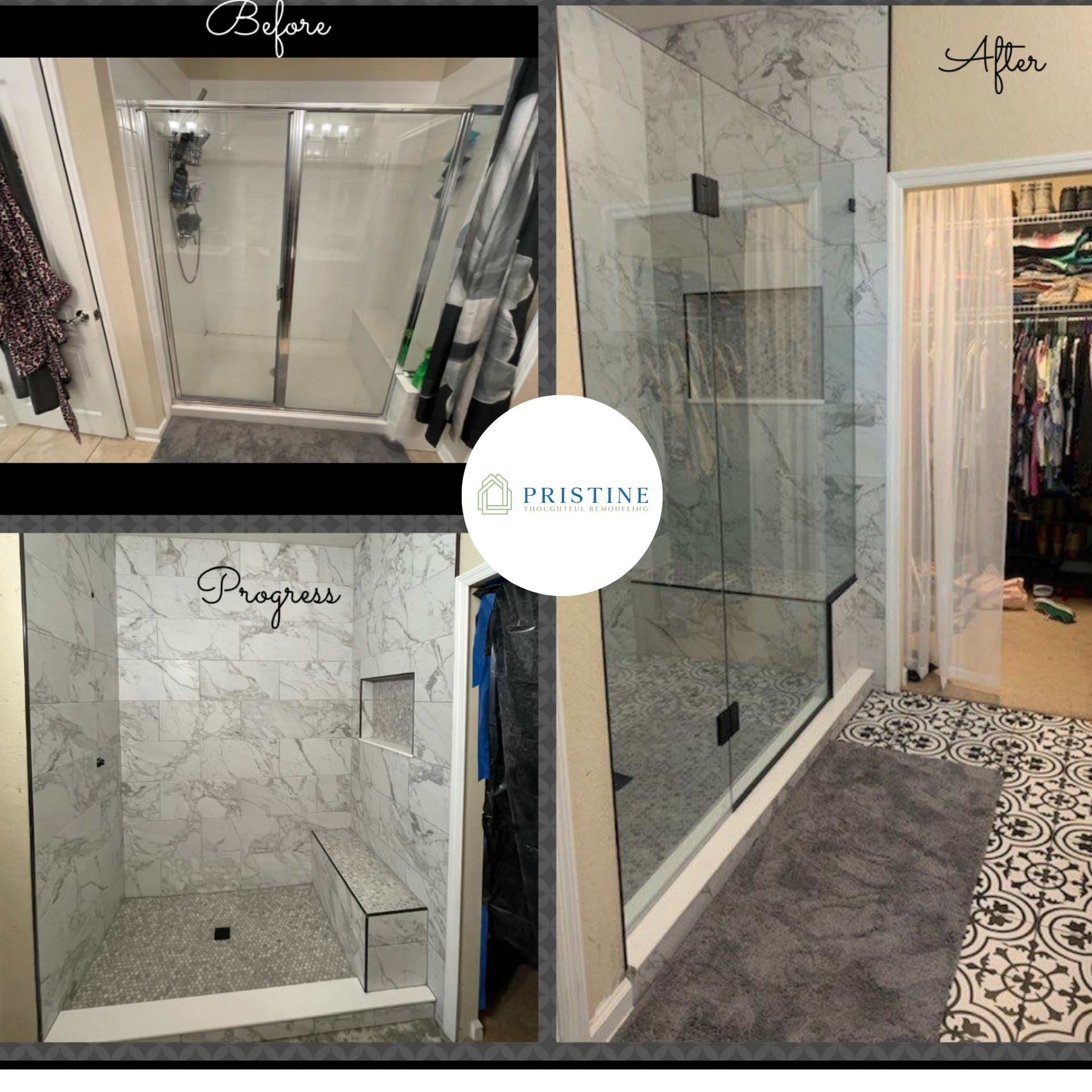 Collage of marble shower and restroom remodels with glass doors and gray tile flooring