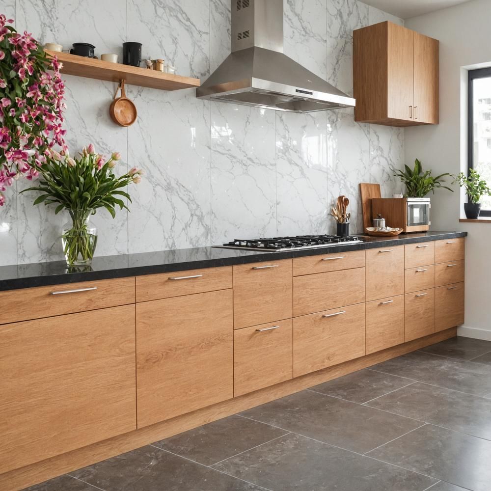 Elegant kitchen featuring a full-height marble-look tile backsplash extending toward the ceiling behind the range hood.