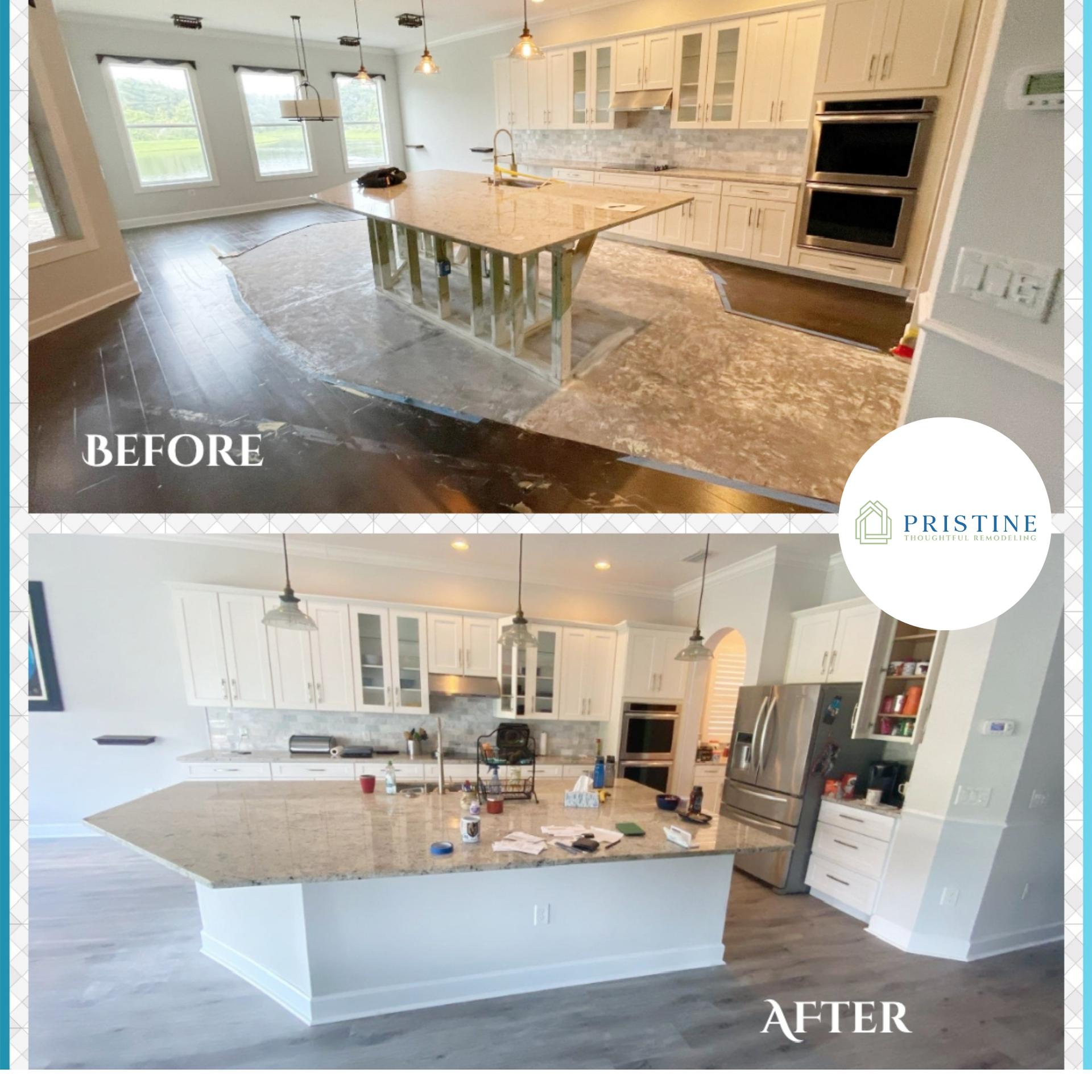 Kitchen remodel before-and-after: dark floor to light gray, white cabinets, expanded island.