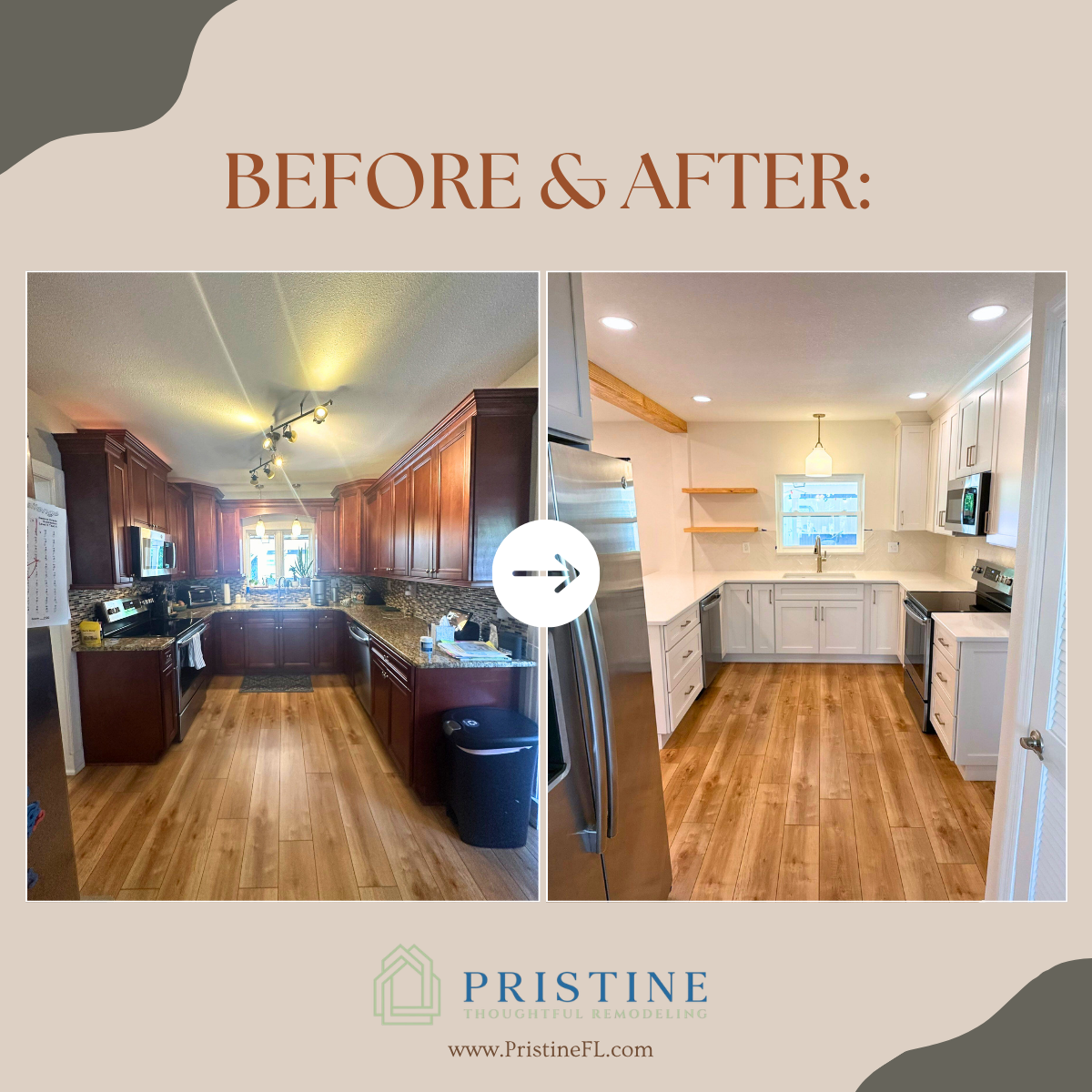 Before and after kitchen renovation showing dark wood cabinets transformed into a bright white kitchen