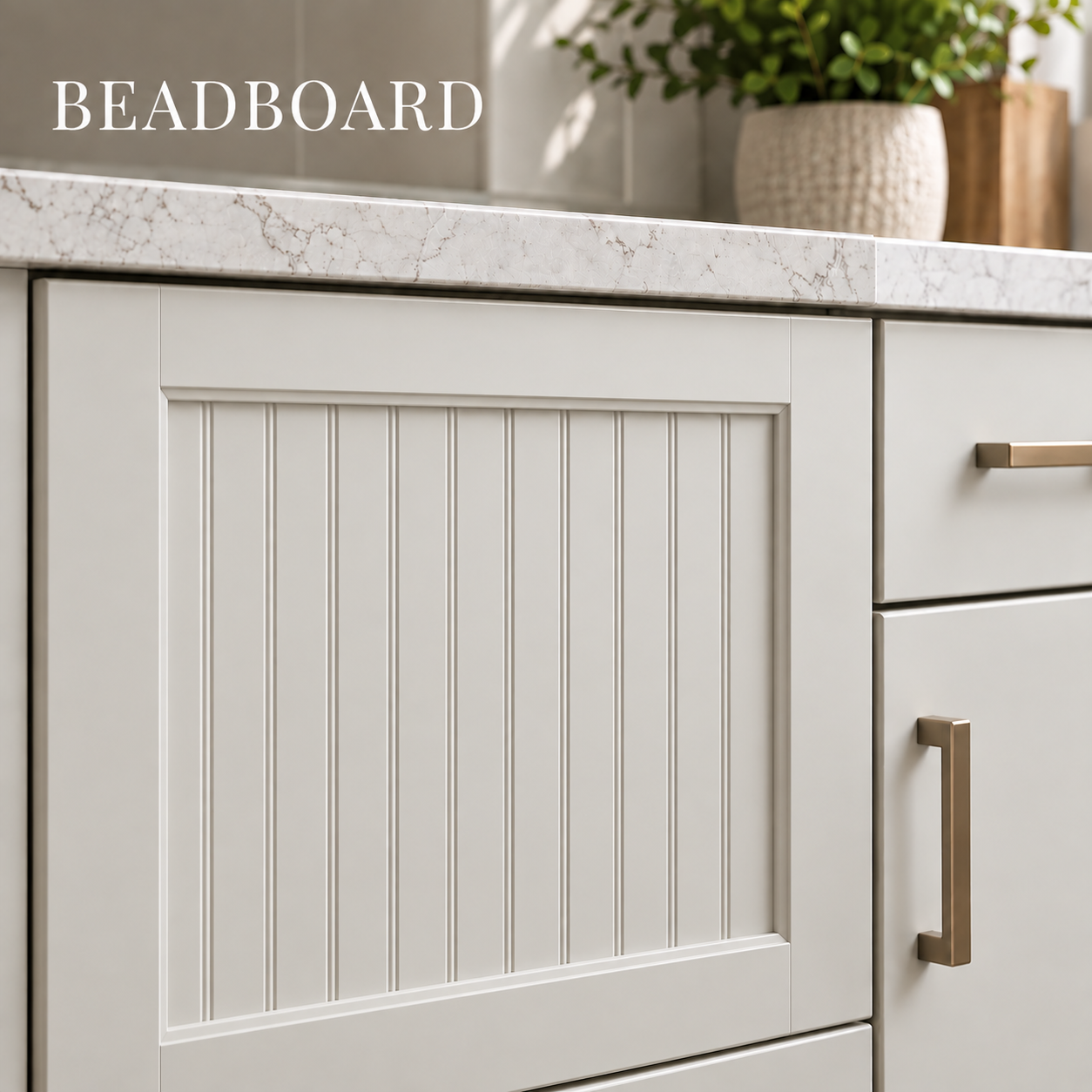 Beadboard cabinet door with vertical grooves across the recessed center panel