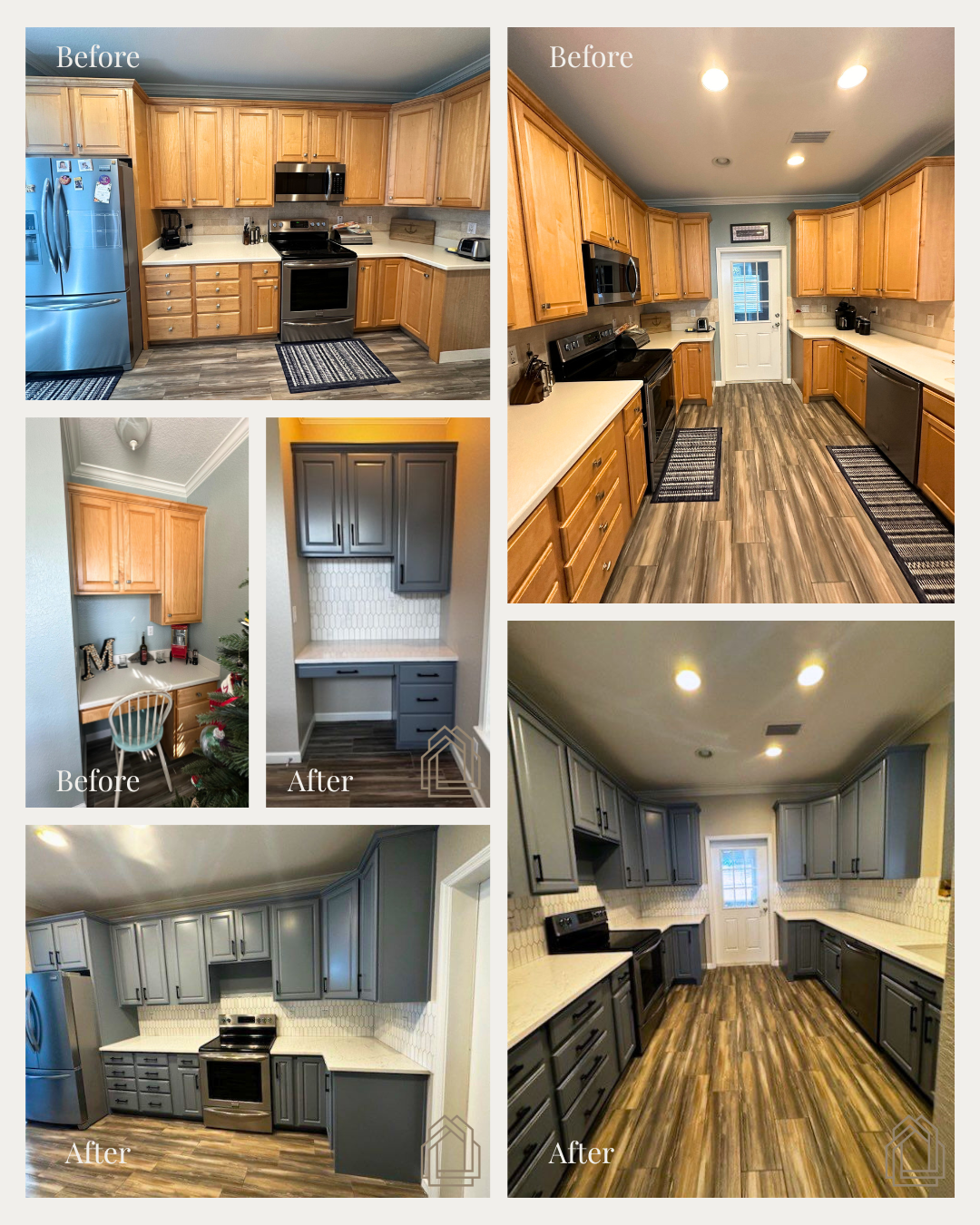 Kitchen remodel collage with wood and gray cabinets, black countertops, and wood-look floors