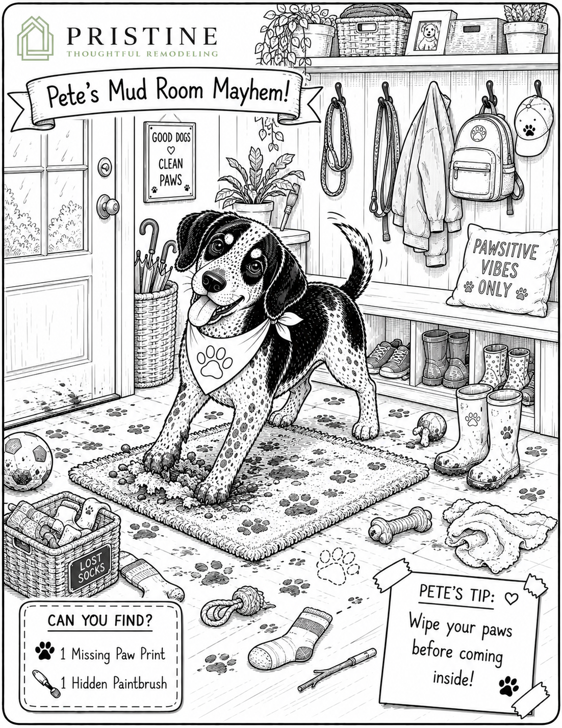 Dog in a pet mud room, standing on a rug amid leashes, boots, and a “can you find?” checklist.