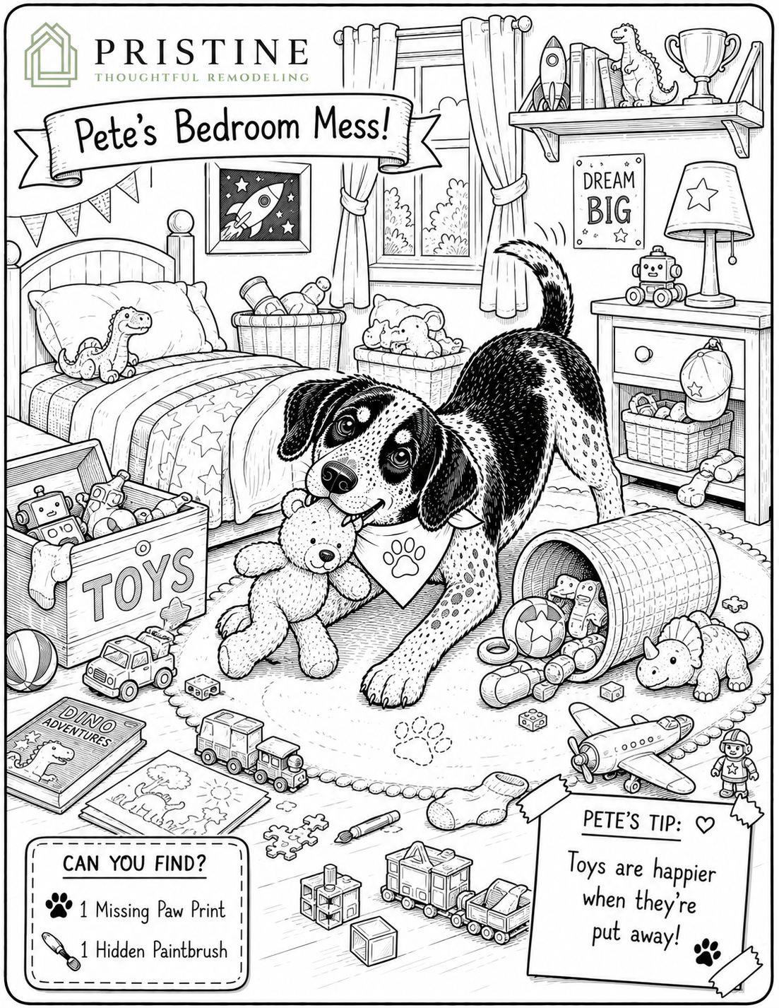 Messy bedroom with a dog playing on the floor, toys everywhere, and a child’s bed in the background.