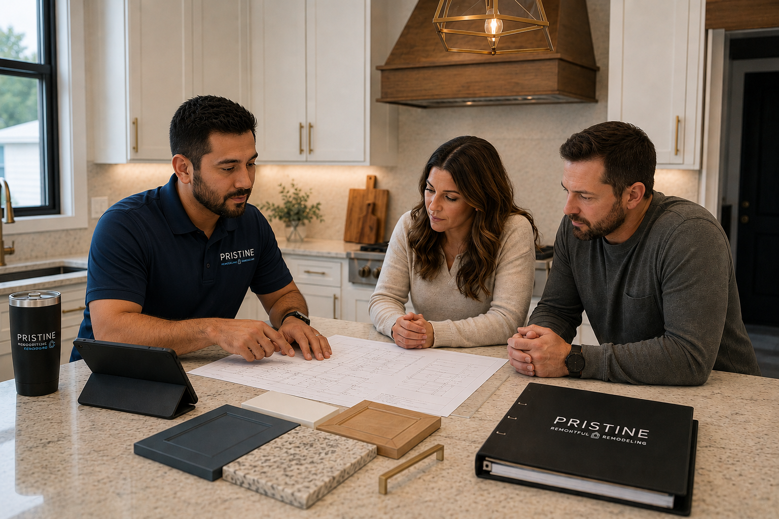 Three people discuss fabric swatches and a design book at a kitchen table.