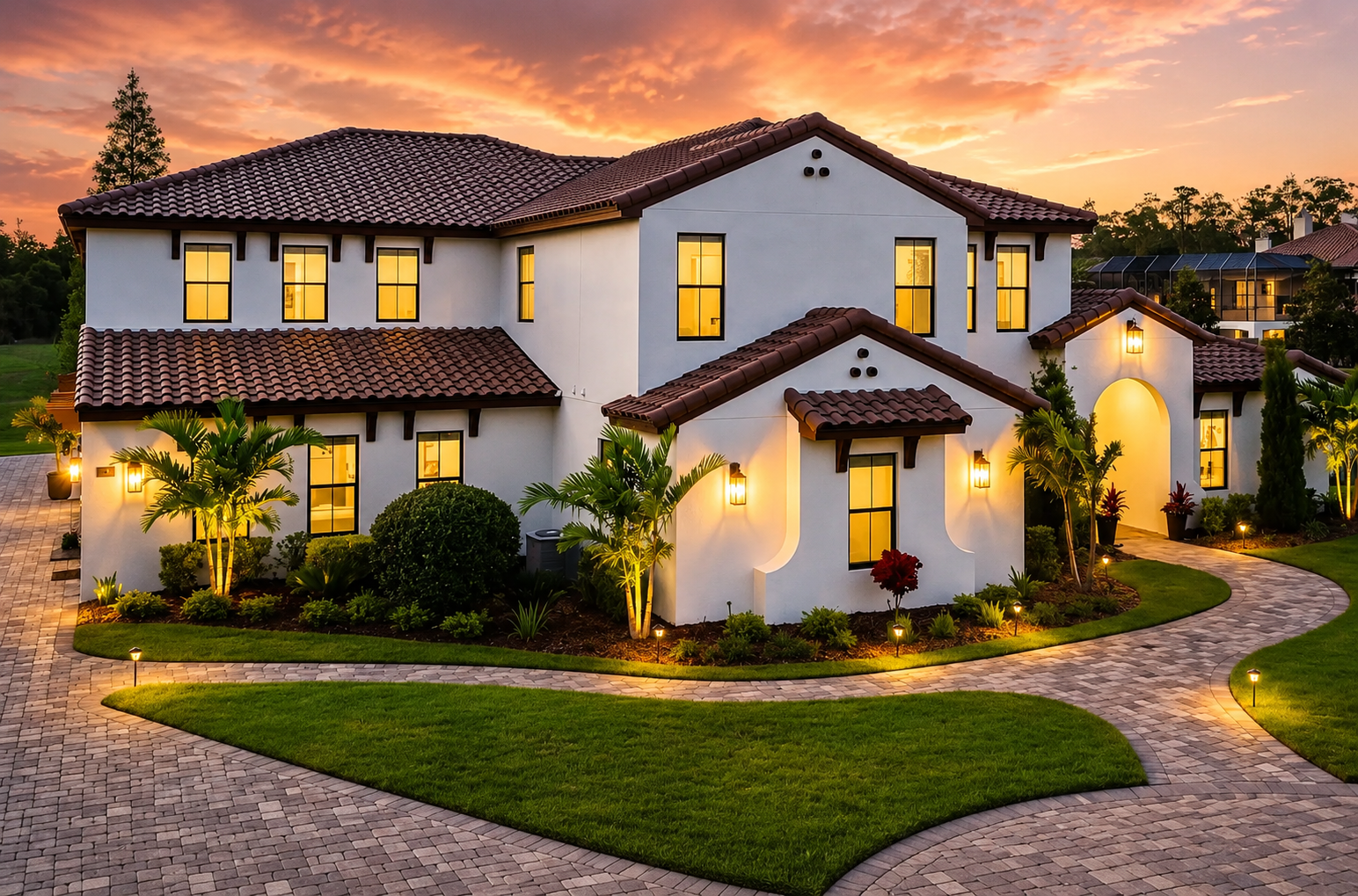 Two-story stucco house at sunset with warm lit windows, tiled roof, and landscaped front yard