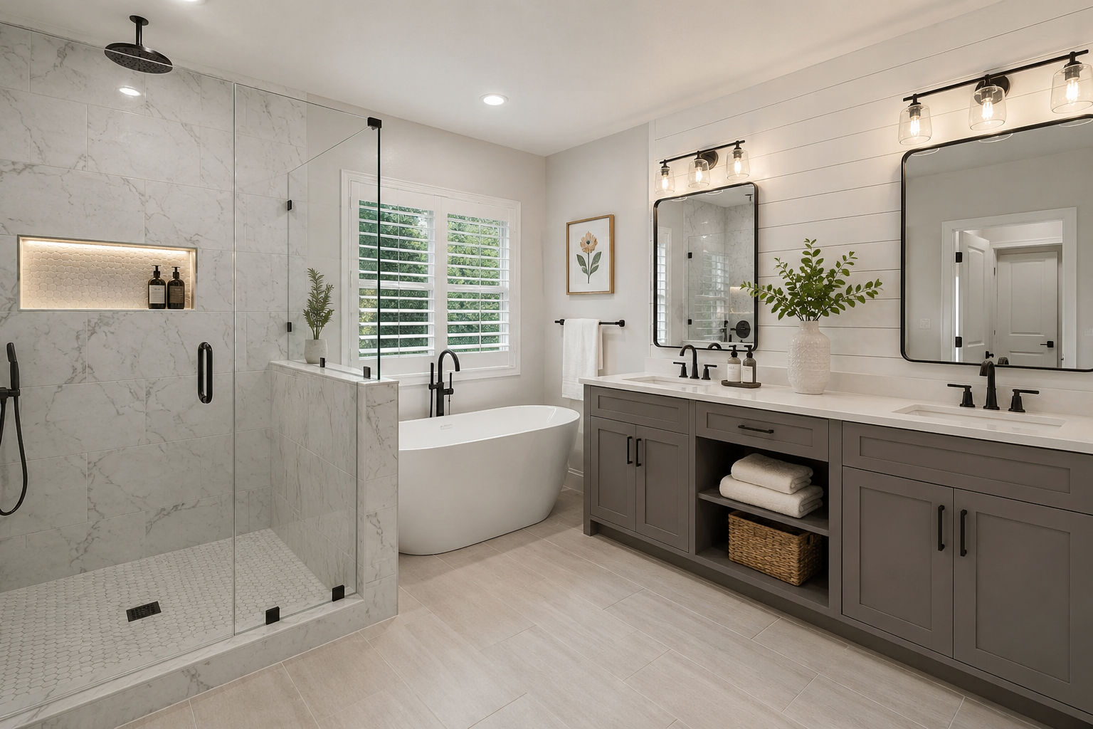 Bright modern bathroom with walk-in shower, freestanding tub, gray vanity, and large mirror