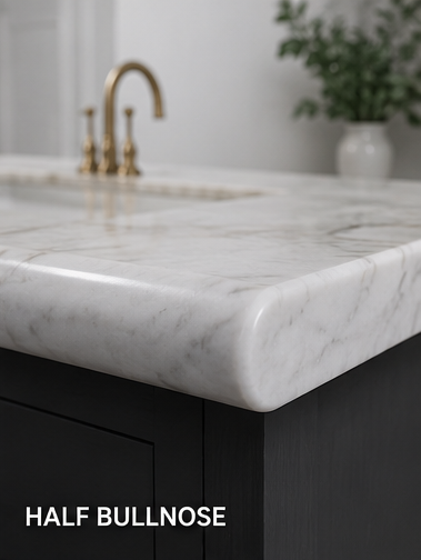 Marble-look countertop with half bullnose edge profile designed for a softer finished appearance.
