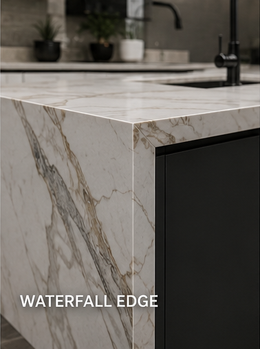 Waterfall quartz countertop extending down the side of a kitchen island in a contemporary kitchen design.