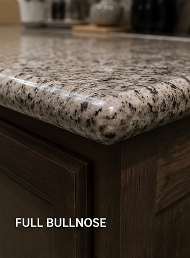 Granite countertop featuring a full bullnose edge profile with fully rounded corners and classic styling.