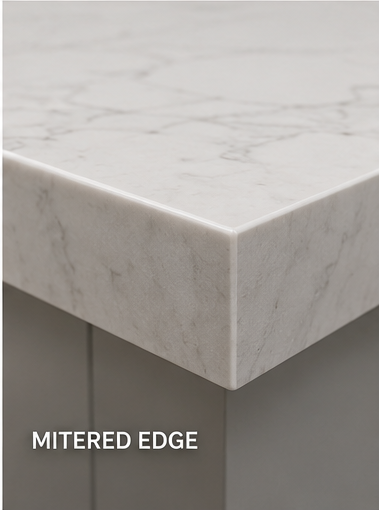 Thick mitered quartz countertop edge creating a luxury slab appearance for kitchen islands and vanities.