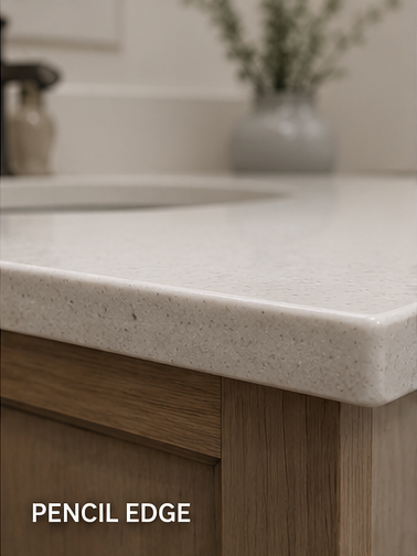 Quartz countertop featuring a pencil edge profile with softly rounded corners and a clean contemporary appearance.