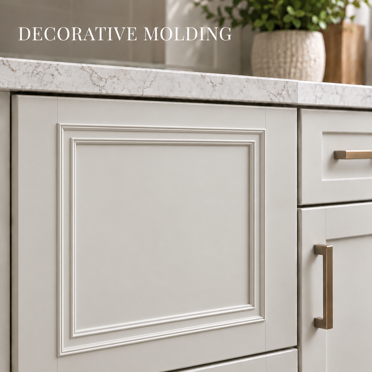 Decorative cabinet door with applied molding surrounding a flat center panel
