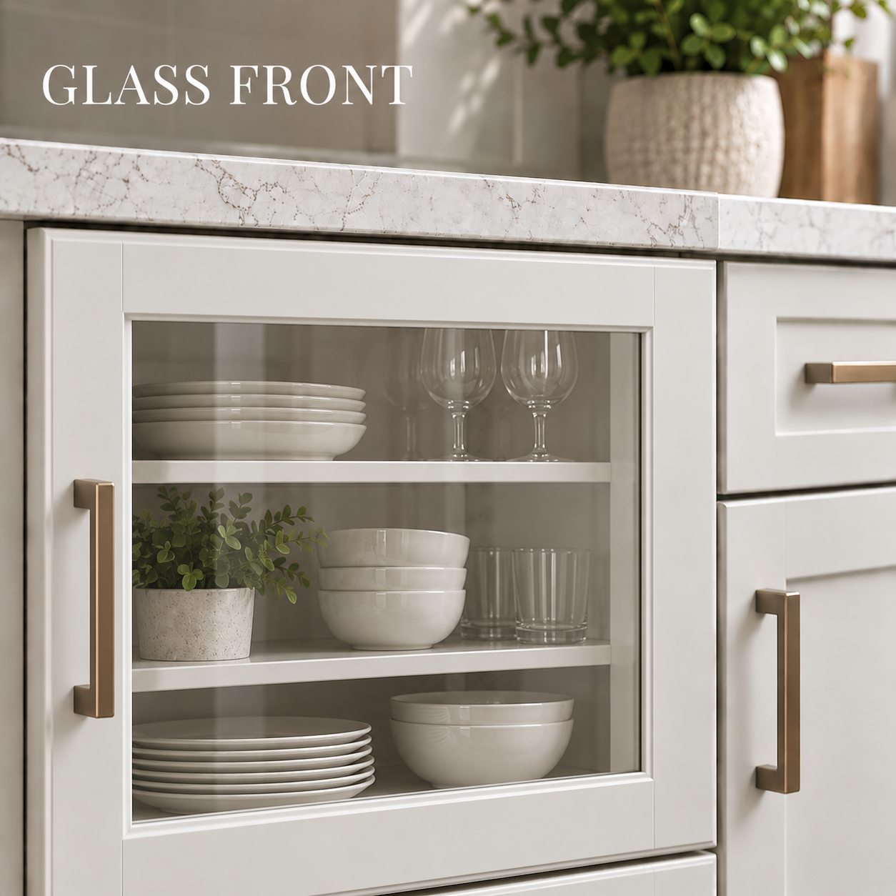 Glass-front cabinet door displaying dishes and glassware behind a clear glass center panel