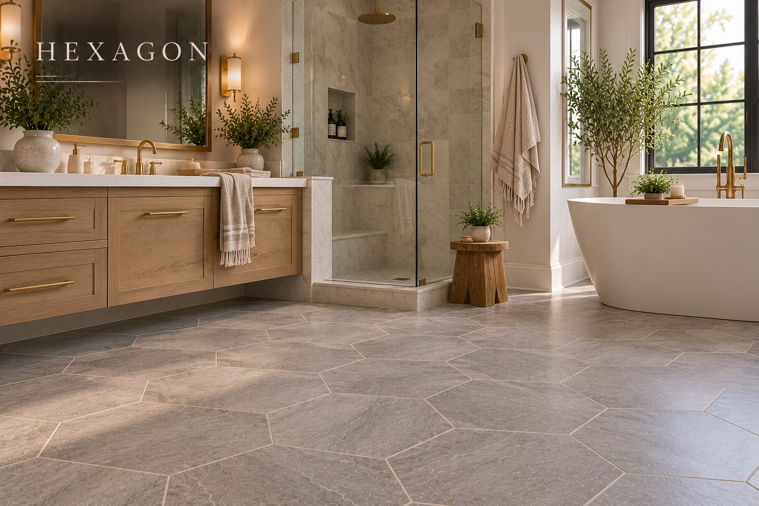 Marble-look countertop with half bullnose edge profile designed for a softer finished appearance.