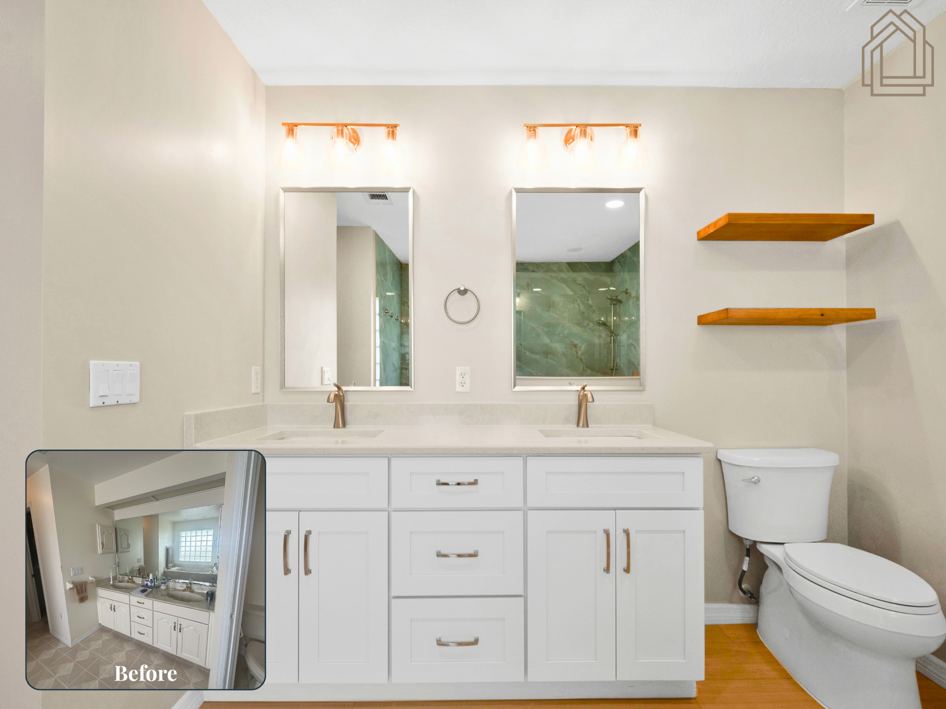 Bright bathroom vanity with twin mirrors, white cabinets, wood shelves, and a toilet beside it.