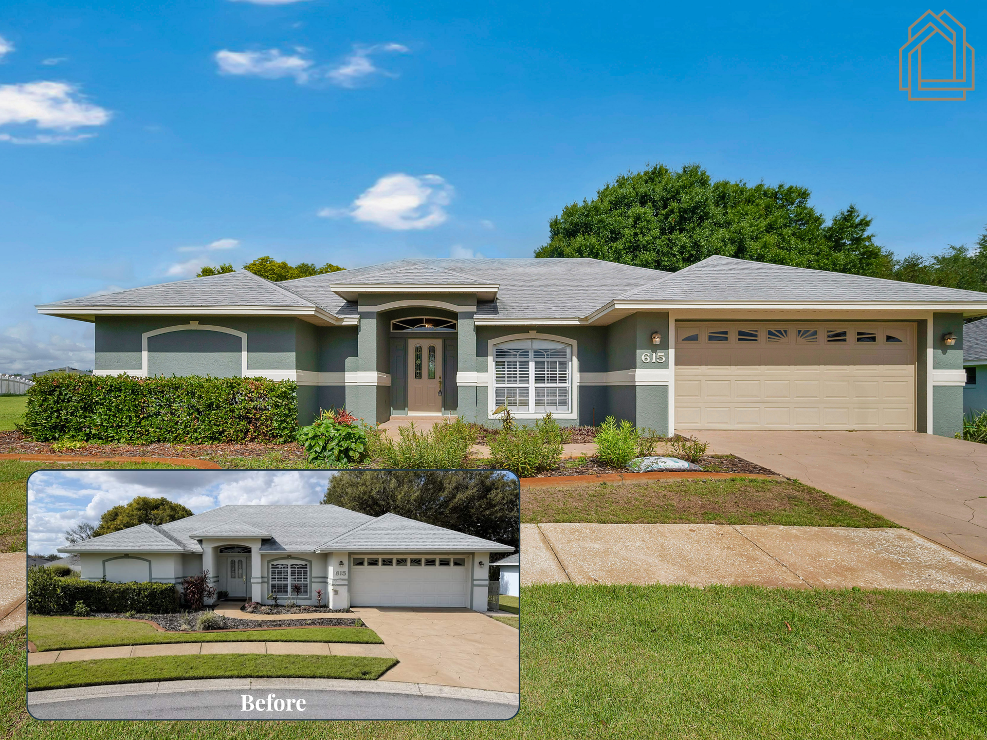 Single-story gray house with white trim, front lawn, and inset 