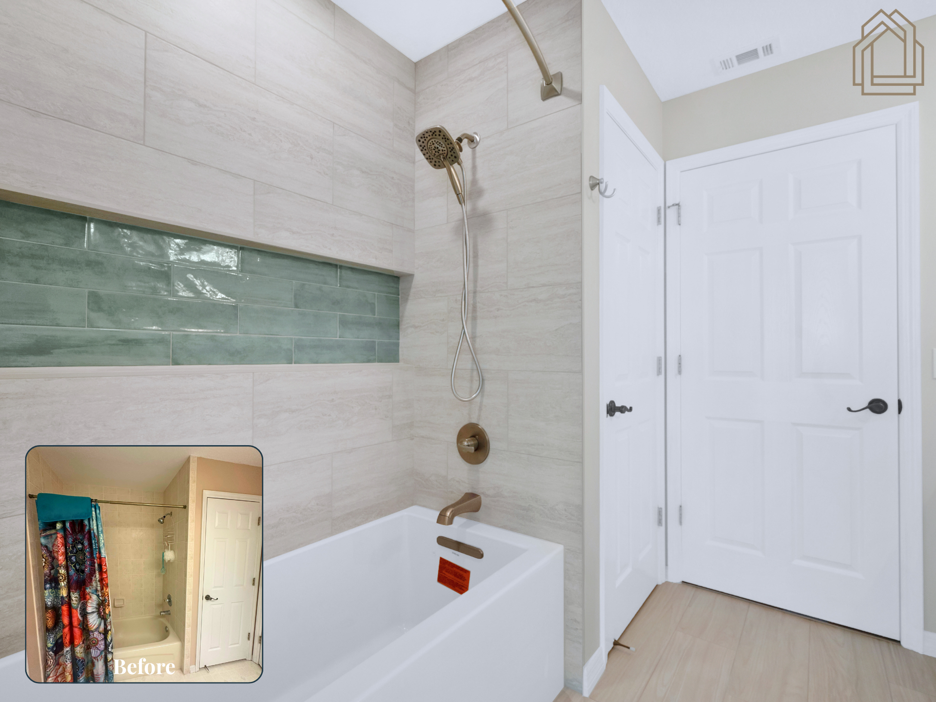 Modern shower with tiled walls, glass niche, handheld showerhead, and adjacent white closet doors