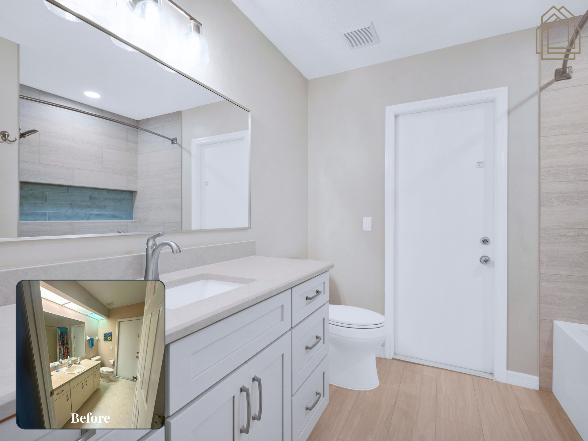 Bright bathroom with double vanity, large mirror, toilet, and shower curtain in light wood and white tones