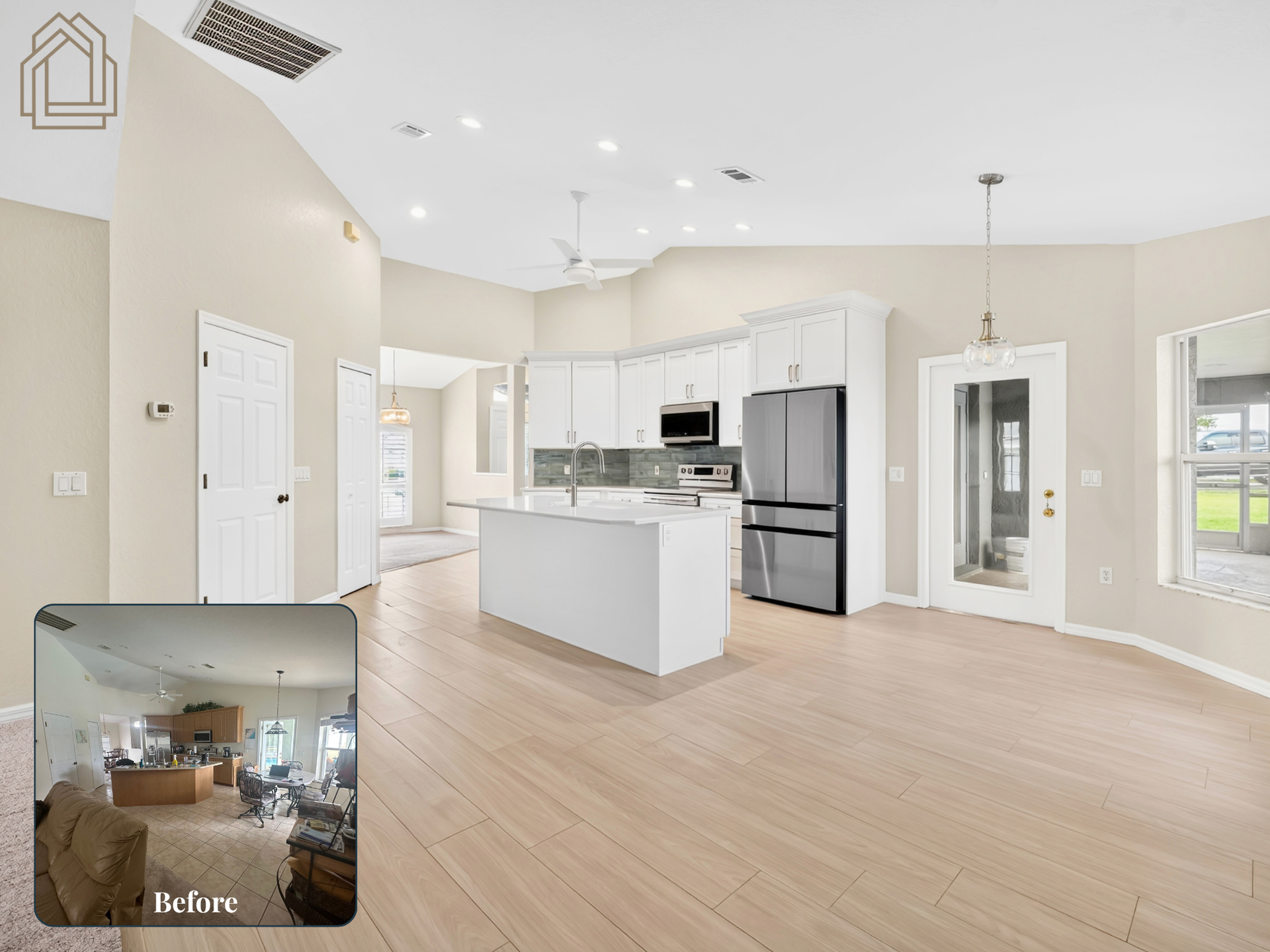 Bright open kitchen with white cabinets, stainless fridge, island, and light wood floors in a spacious room