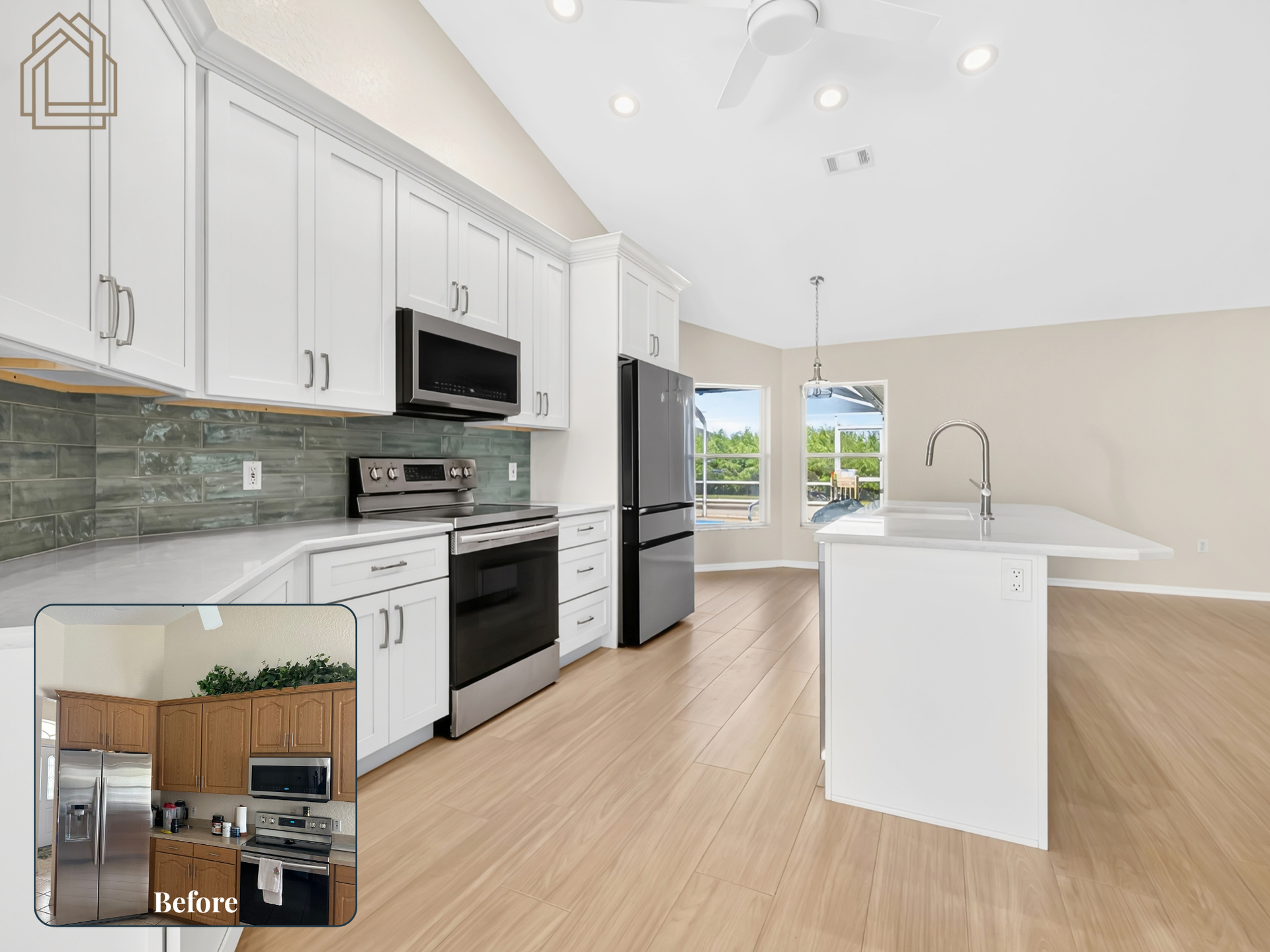 Bright modern kitchen with white cabinets, stainless appliances, island, and light wood floors, open to a backyard view