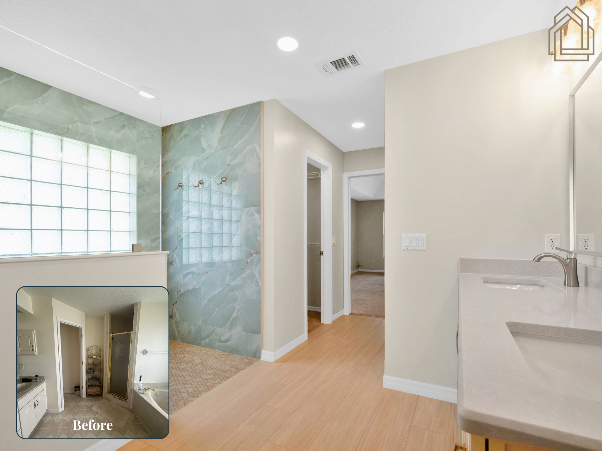 Bright bathroom with glass shower, white vanity, and light wood floor; small inset shows before view