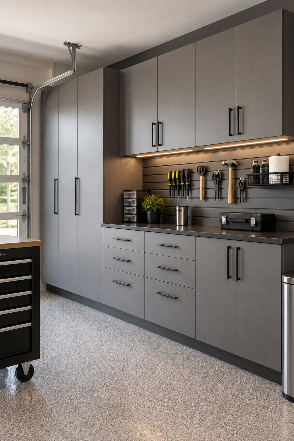 Gray laminate garage storage cabinets with flat-panel doors and black hardware