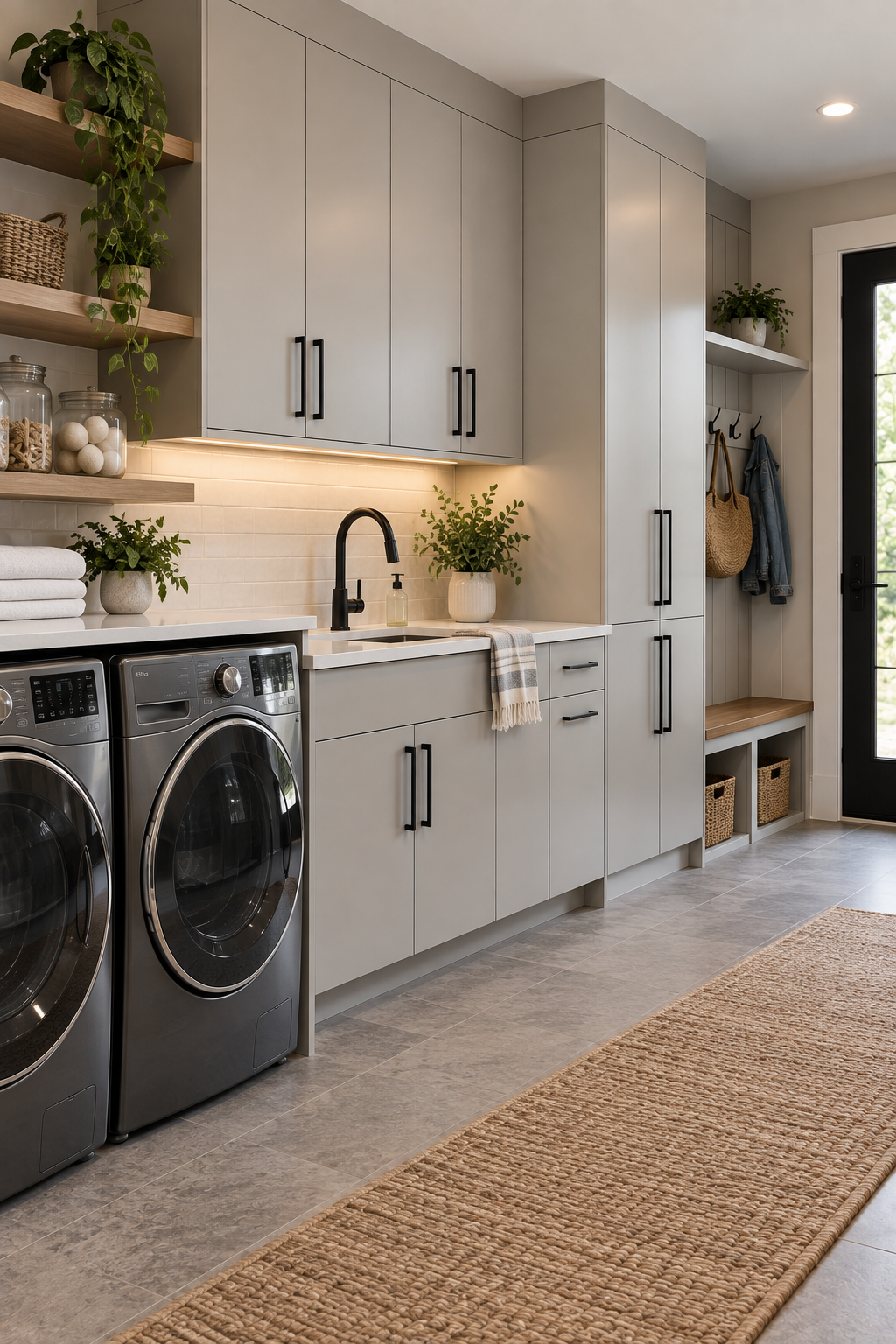 Light gray thermofoil cabinetry installed in a modern laundry and mudroom