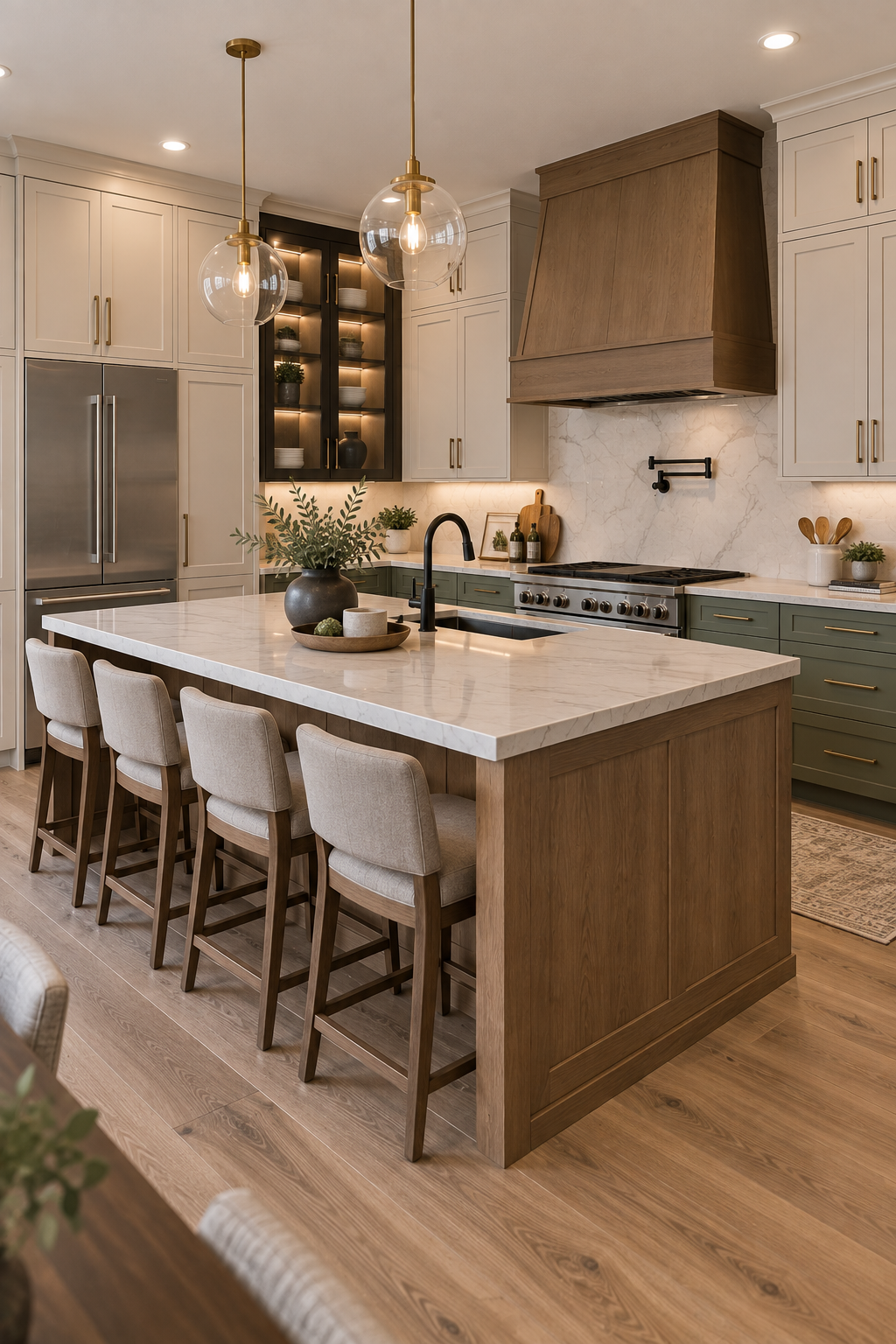 Kitchen combining warm white, natural wood, dark accent, and muted green cabinetry