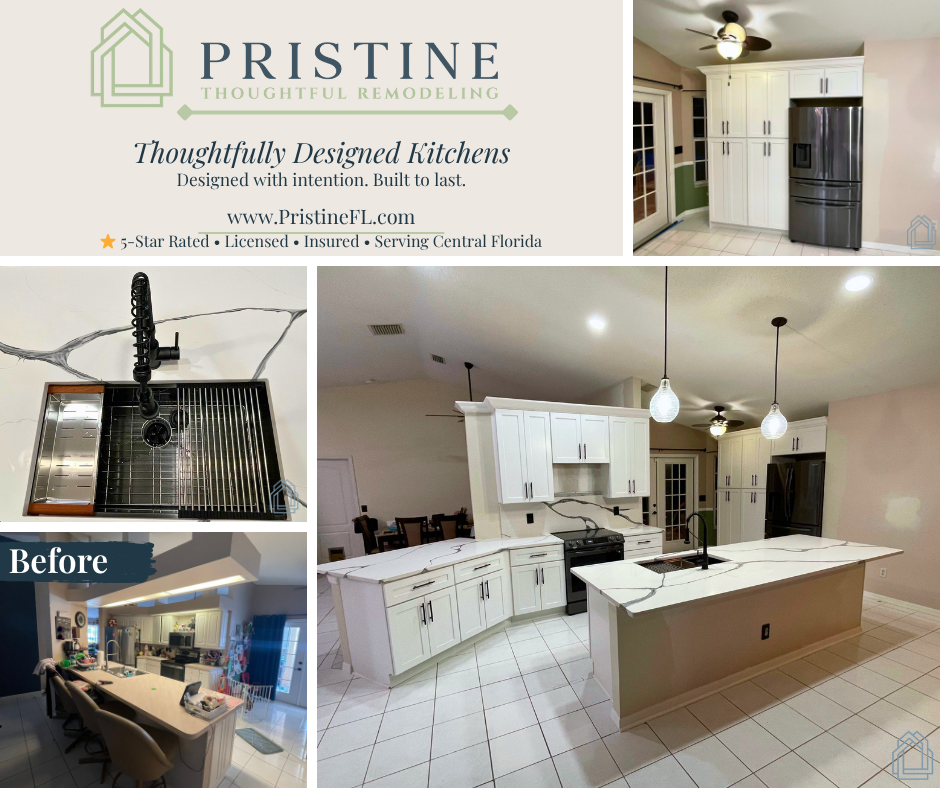 Kitchen remodel ad collage with white cabinets, black fixtures, and a before-and-after kitchen view