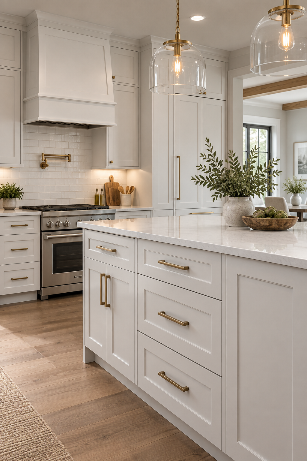 Warm white painted MDF and HDF kitchen cabinetry with Shaker-style doors