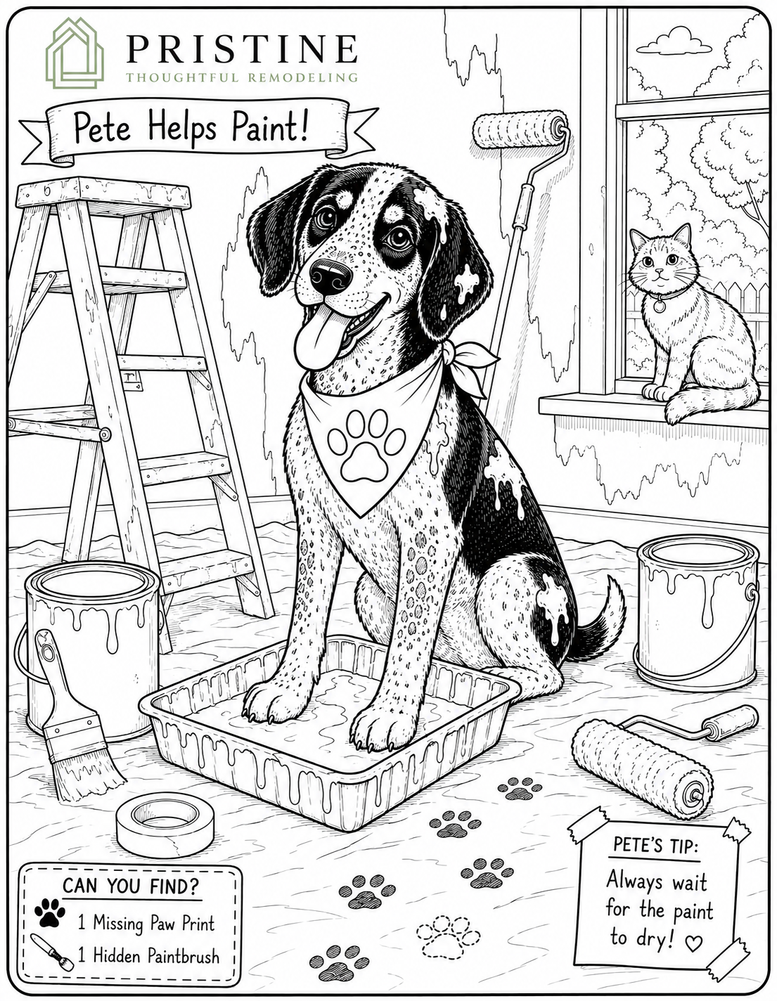 Coloring-book style dog sitting on a porch, with paint cans, ladder, and “Pete Helps Paint” sign.
