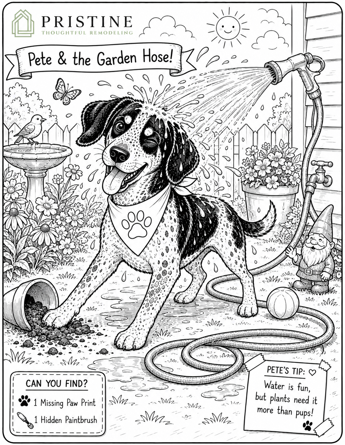 Black-and-white cartoon of a spotted dog in a garden, with flowers, hose, watering can, and title “Pete & the Garden Hose”