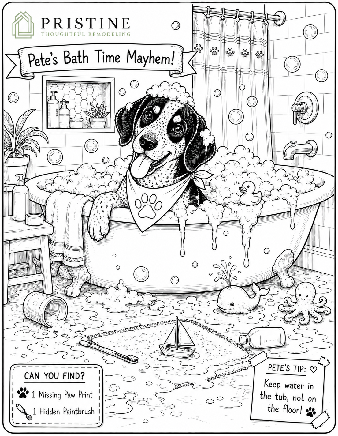 Dog in a bubble bath amid a messy bathroom, with soap bubbles and playful clutter all around.