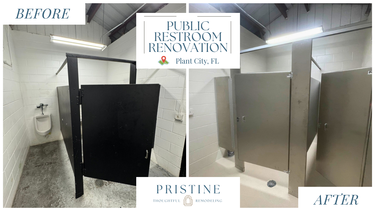 Before-and-after public restroom renovation: old stall on left, cleaner metal stalls on right.