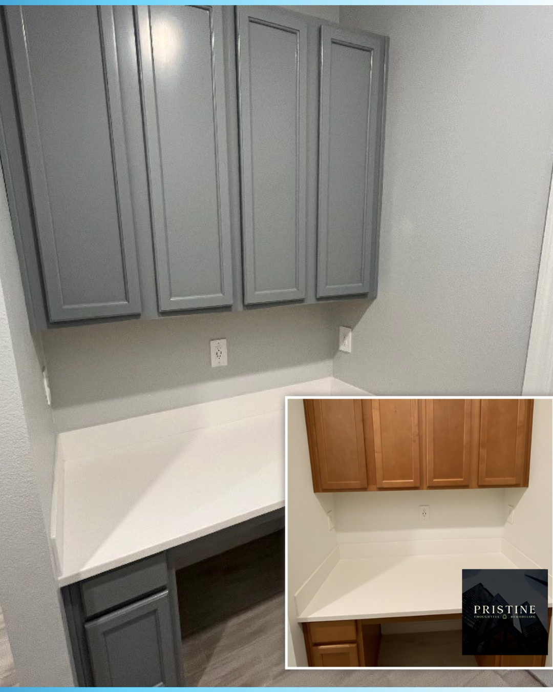 Built-in cabinets and white countertop in a small laundry or utility room, with a before-after inset of painted cabinets.