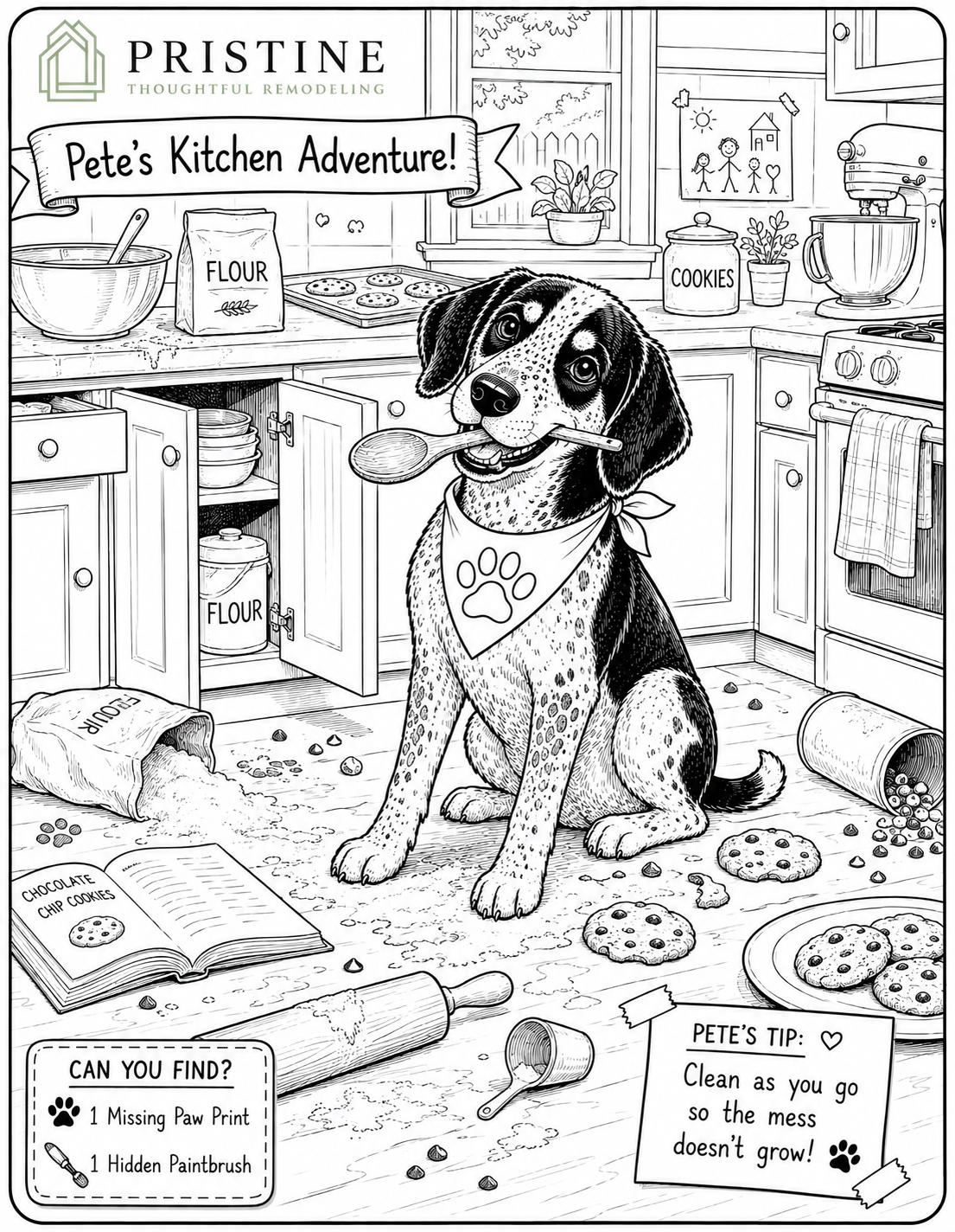 Cartoon puppy in a kitchen labeled “Pete’s Kitchen Adventure,” with bowls and snacks scattered around.