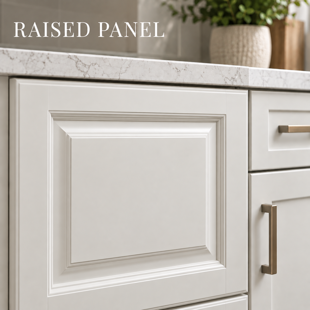 Raised-panel cabinet door with a dimensional center panel and traditional detailing